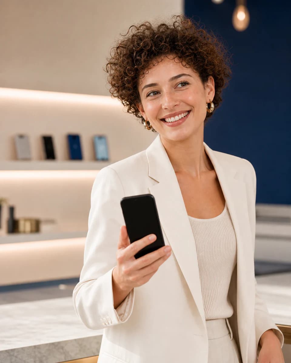 Cliente satisfaite retrouvant son smartphone réparé