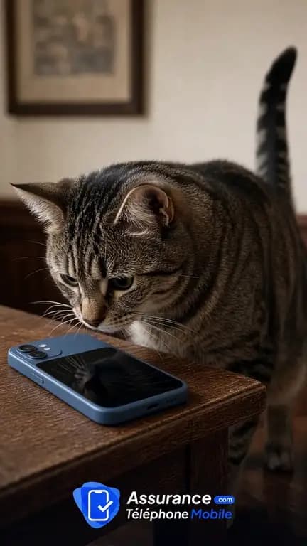 Un chat s'apprête à faire tomber un smartphone du bord d'une table